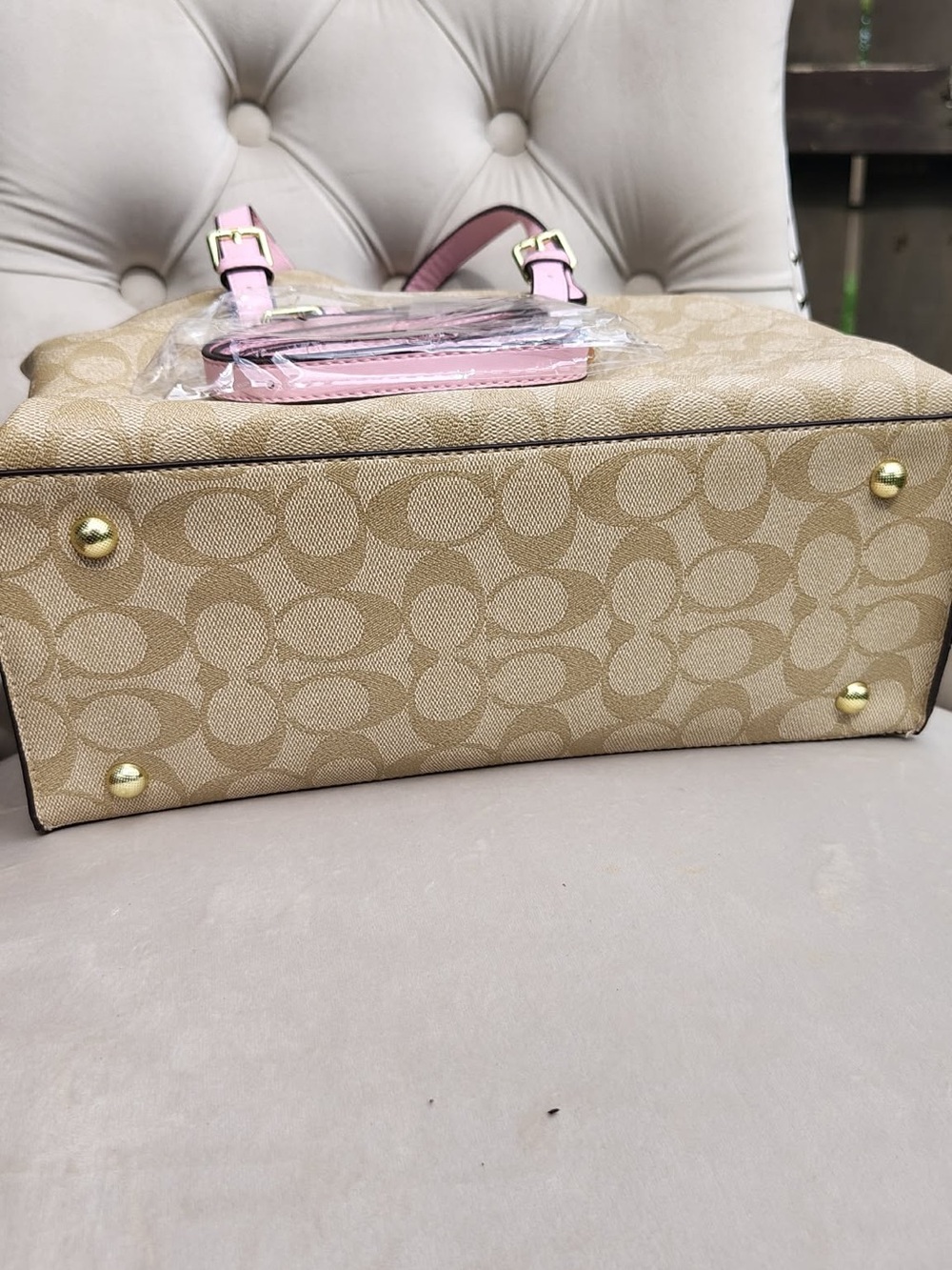 Coach Khaki Signature Canvas Tote with Pink Trim - Picture 5 of 6